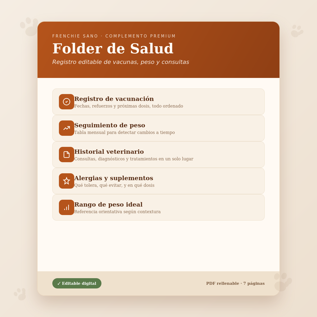 Folder de Salud Frenchie — Registro editable (vacunas, peso y consultas)